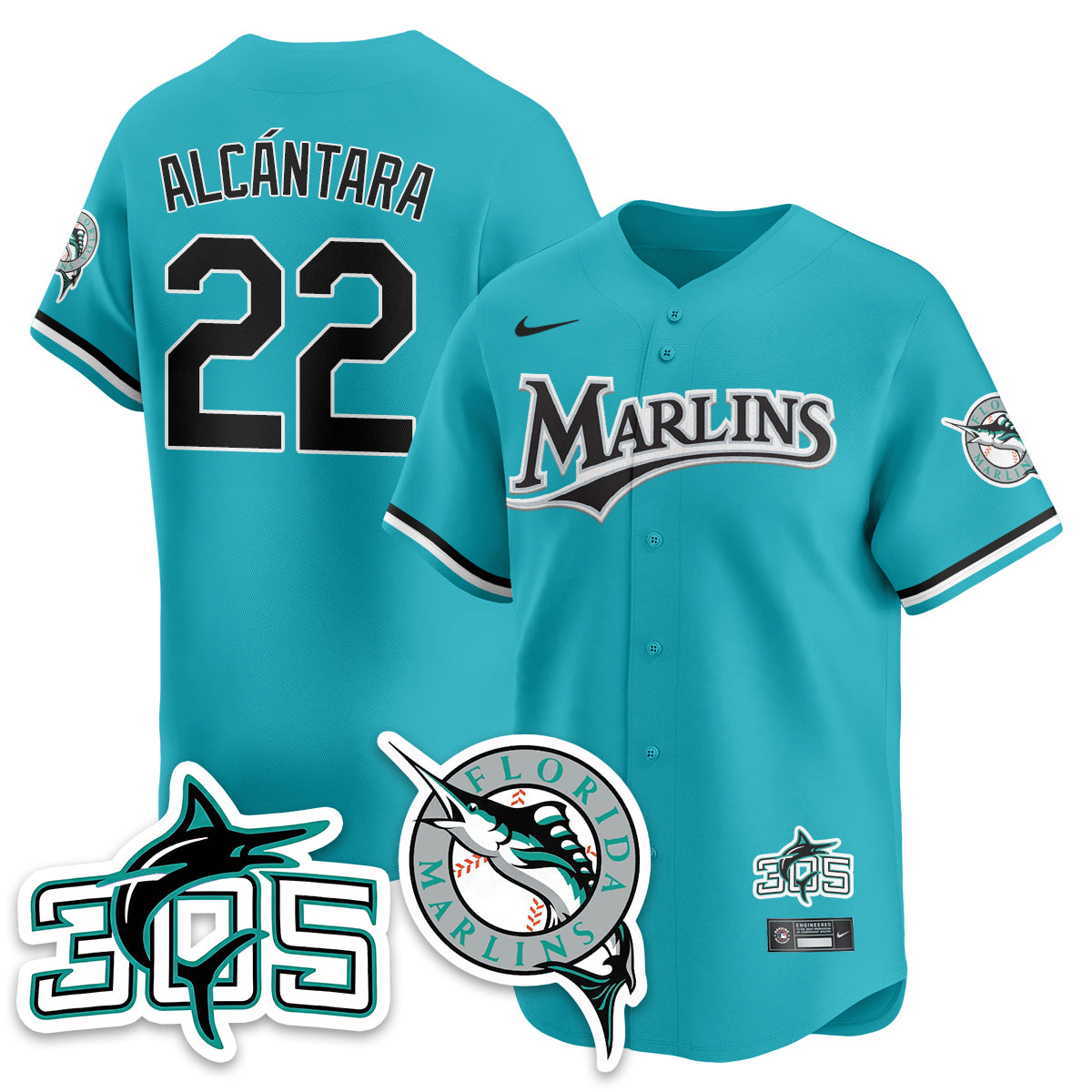 Sandy Alcántara #22 Miami Marlins Throwback Jersey Stitched - Teal